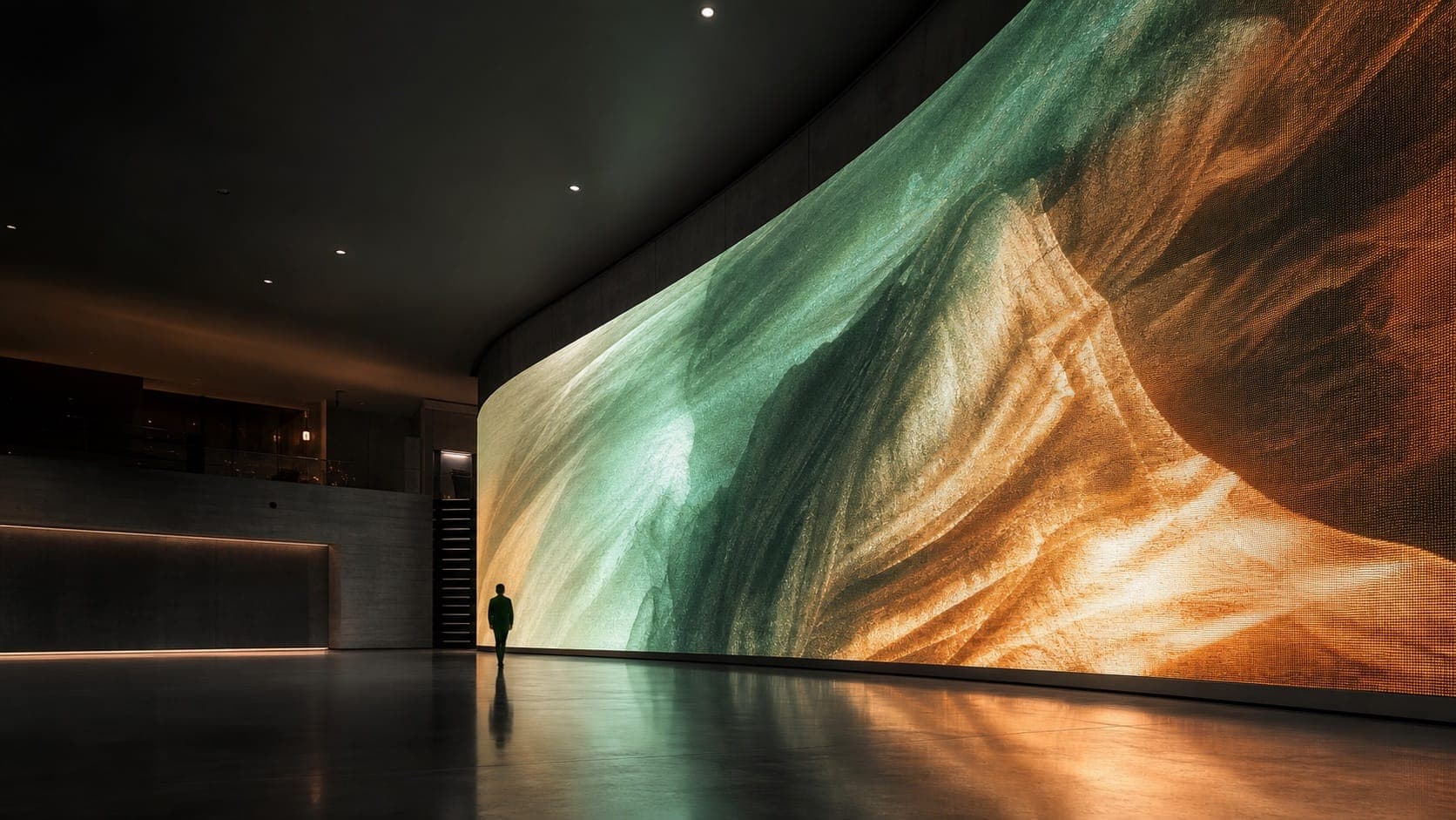 Concept visualization of a monumental LED wall integrated into a dark architectural experience centre